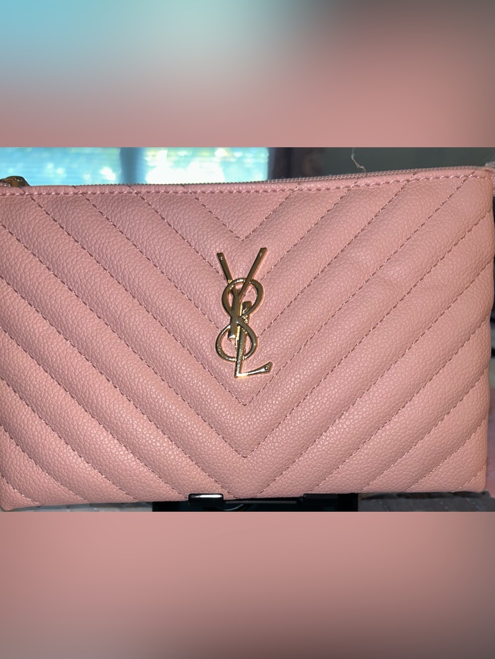 Inspired Saint Laurent Blush Pink Quilted Leather Wristlet with Gold YSL Logo